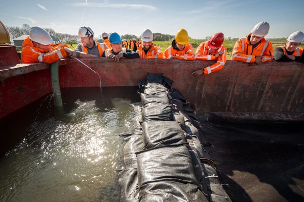 nabootsing van hoe water door een stevige zandzakken barrière wordt tegengehouden