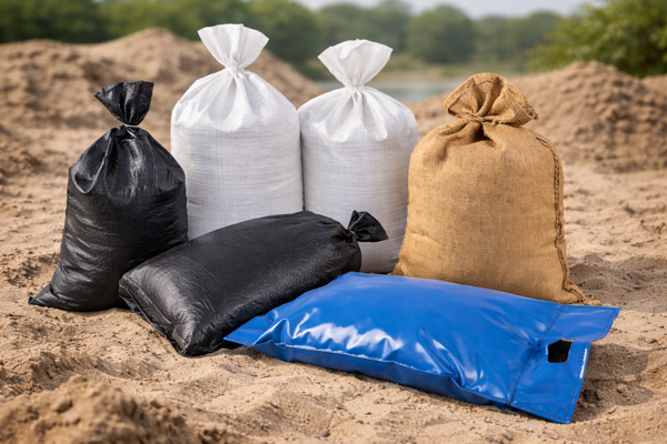 PVC, PP, jute zandzakken op een zand ondergrond