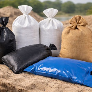 PVC, PP, jute zandzakken op een zand ondergrond